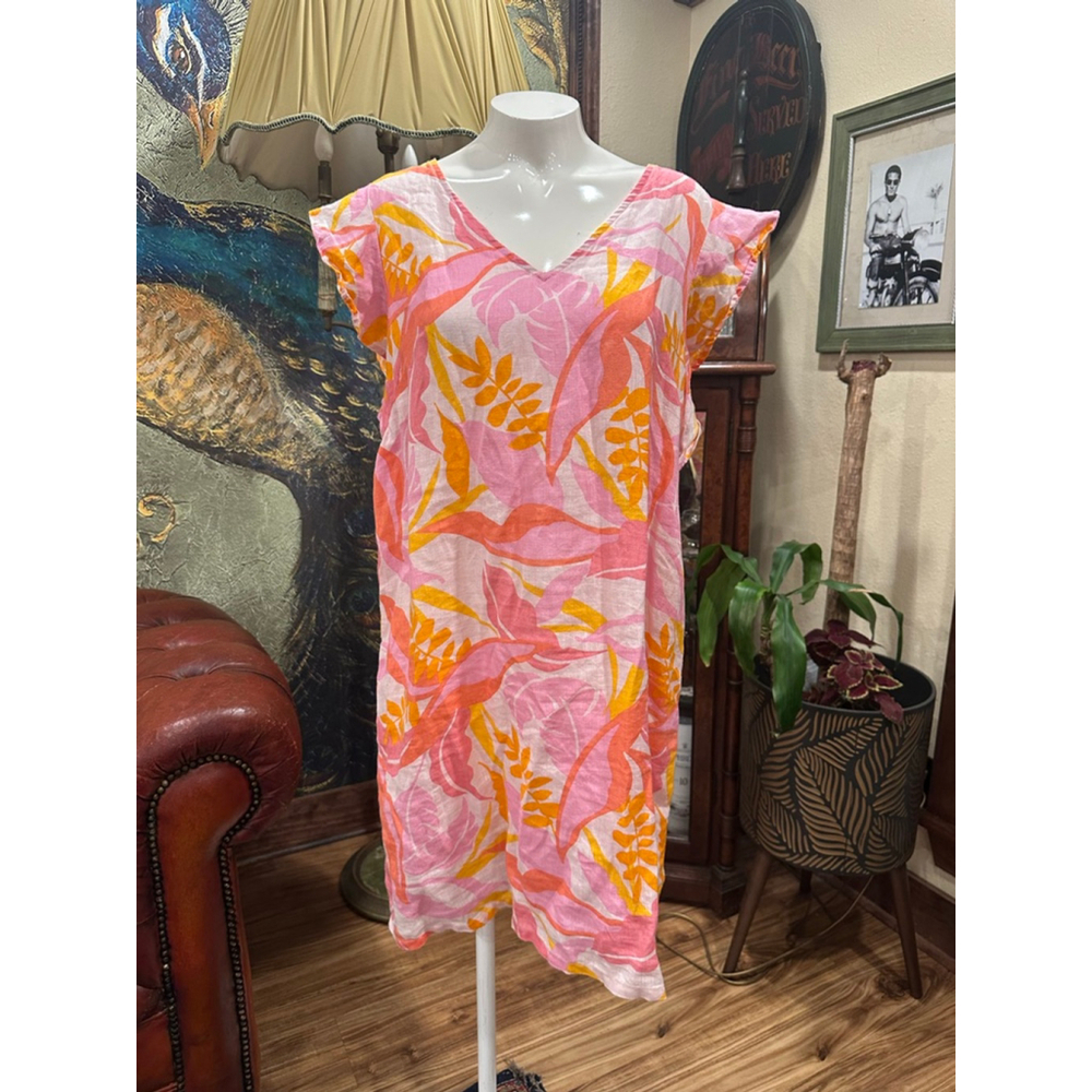 Women's C&C California Dress Size L Pink Orange Floral Linen